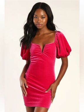 Lulus Barbiecore Maximalist Y2K Coquette 80s Velvet Puff Sleeve Dress Hot Pink L
